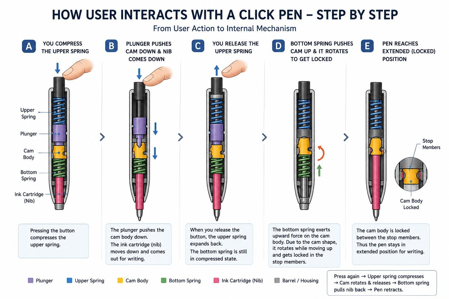 Step by step diagram of how a user interacts with a click pen, from user action to internal mechanism