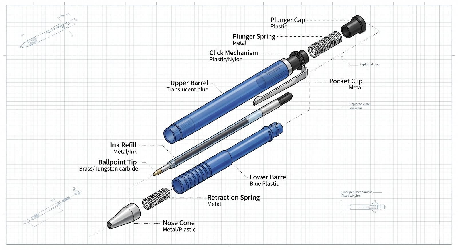 Exploded view of a click pen with labelled parts