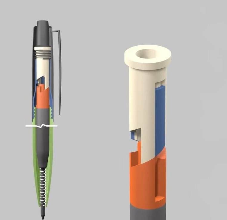 Cross-section of a click pen beside a close-up of the snap-fit barrel