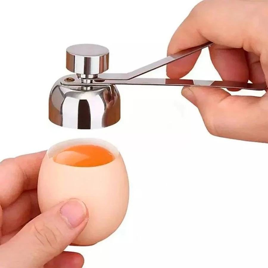 A ring-type egg topper removing the top of an egg