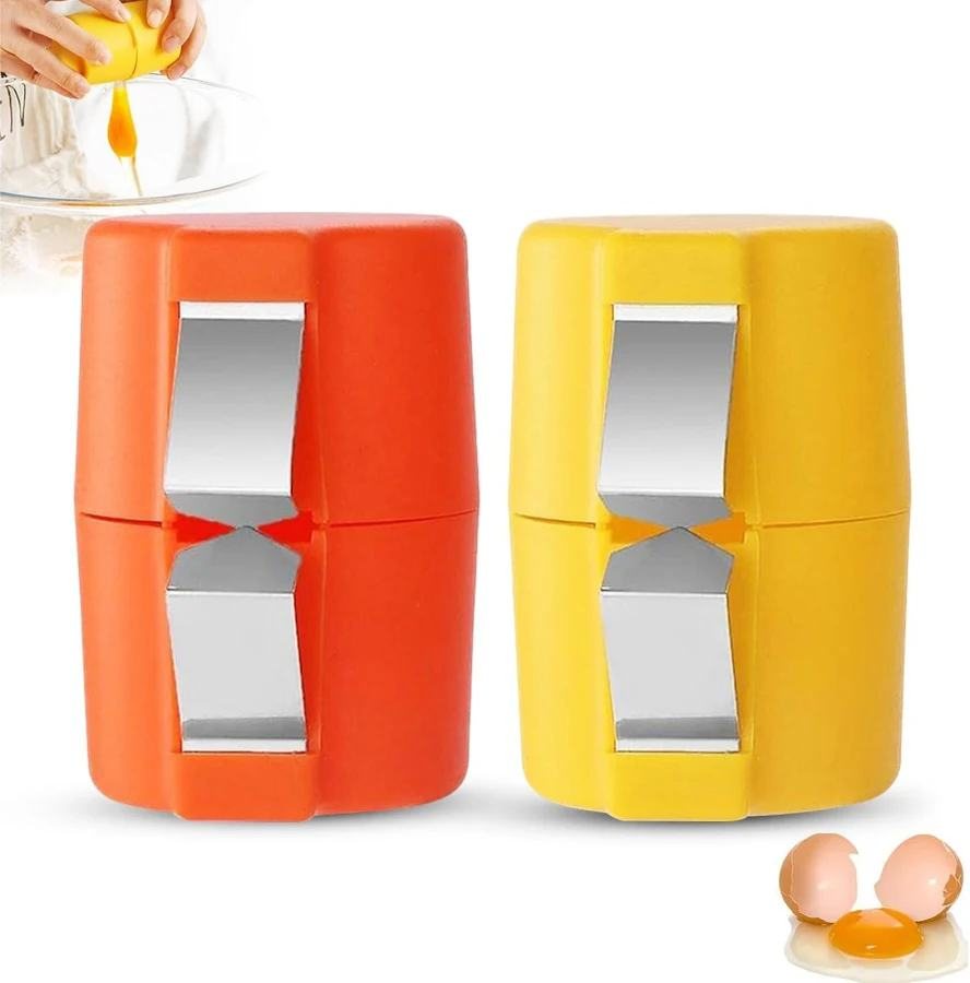 Two orange and yellow egg cutters with steel blades