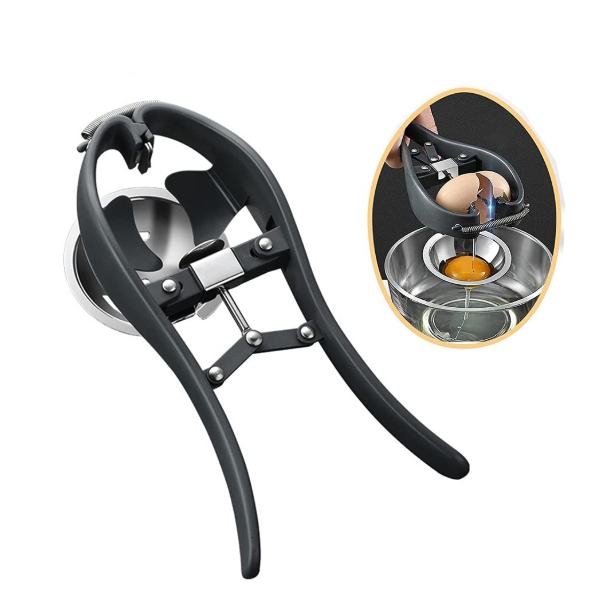 A clamp-style egg cracker with an egg held between two jaws
