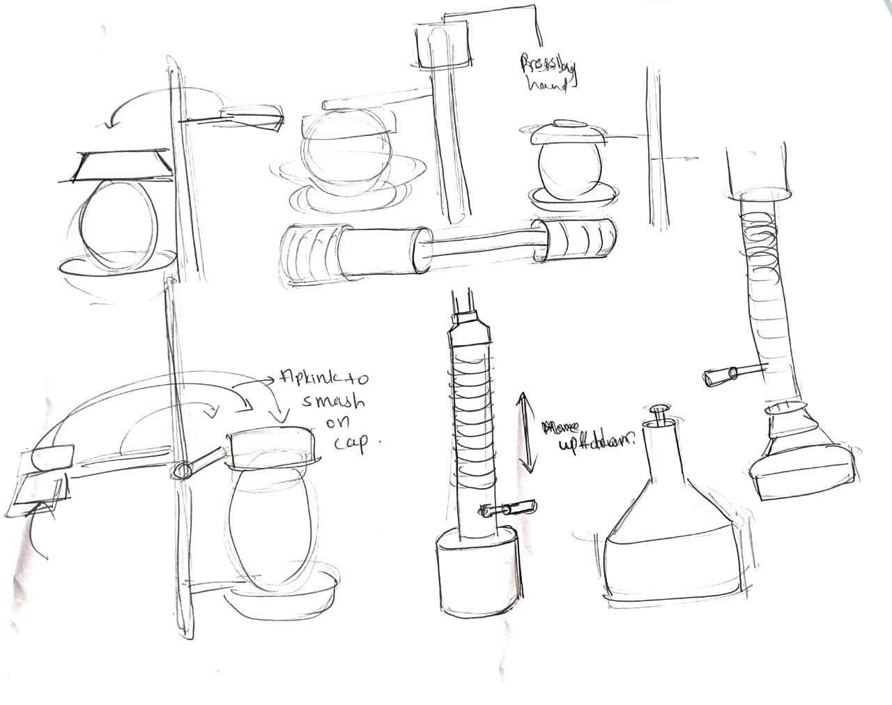 Pencil ideation sketches of one-handed egg cracking mechanisms