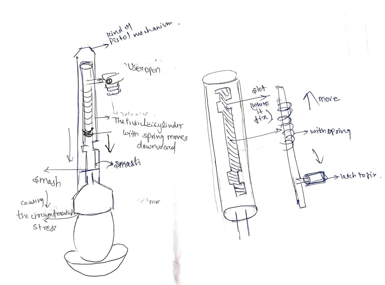 Annotated sketch of the pistol-style egg cracker with barrel, spring, rod and latch
