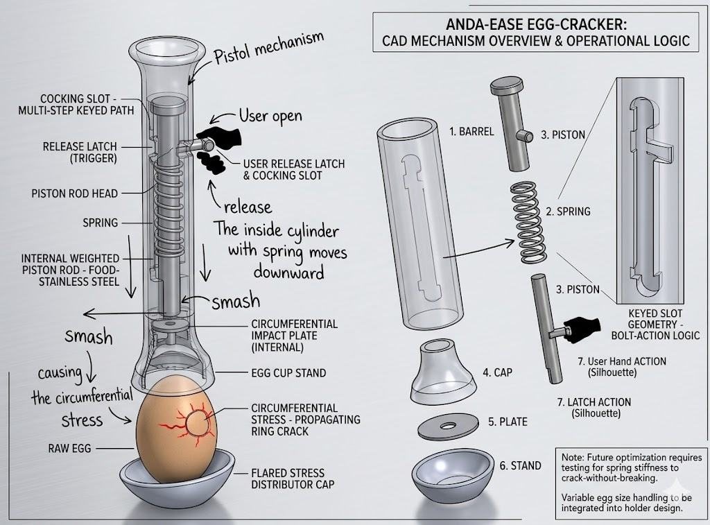 CAD mechanism overview and operational logic: barrel, piston, spring, cap, plate and stand, with the latch action shown