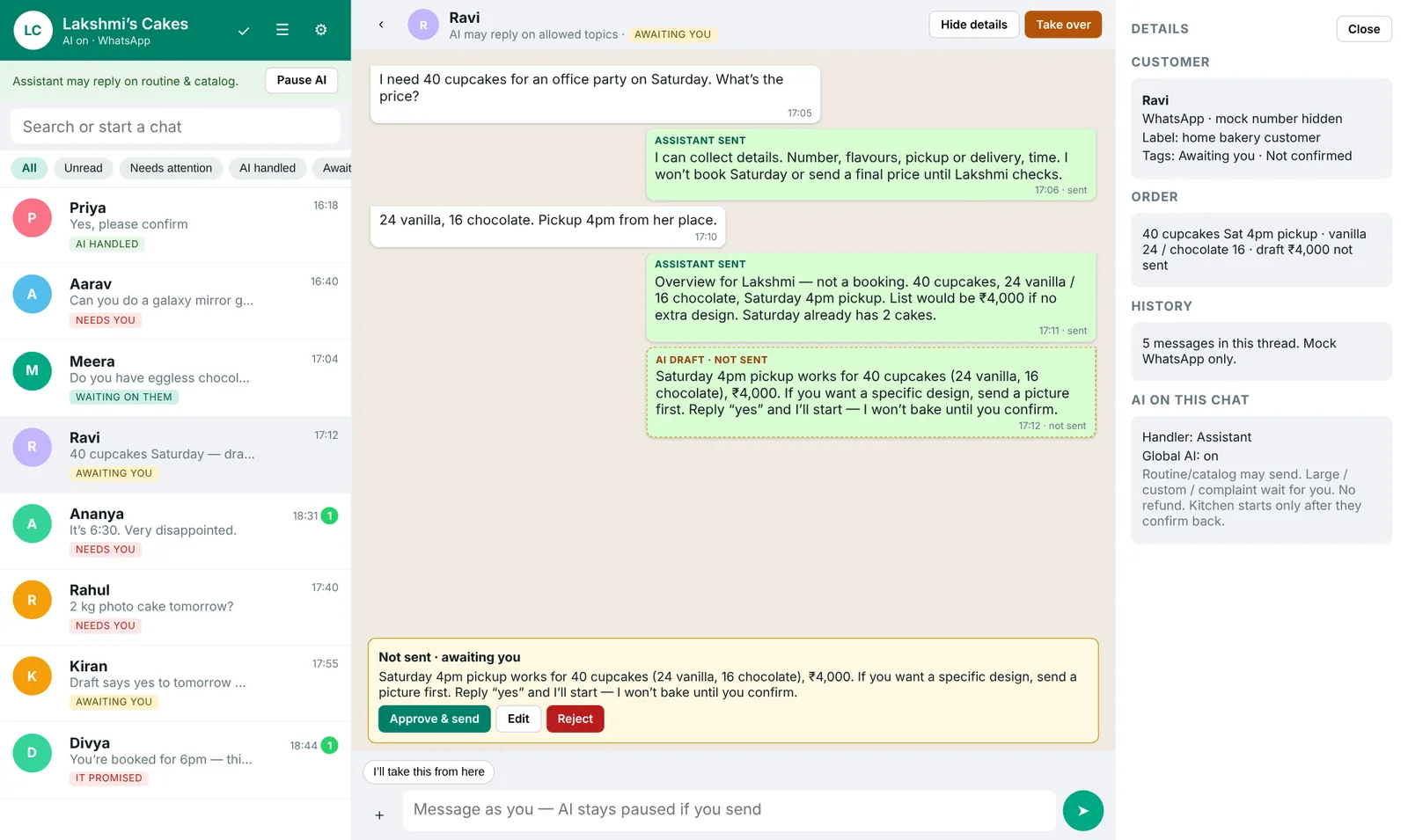 Prototype: Ravi's chat for 40 cupcakes. The assistant's draft with the price is marked Not sent, awaiting you, with Approve and send, Edit and Reject.