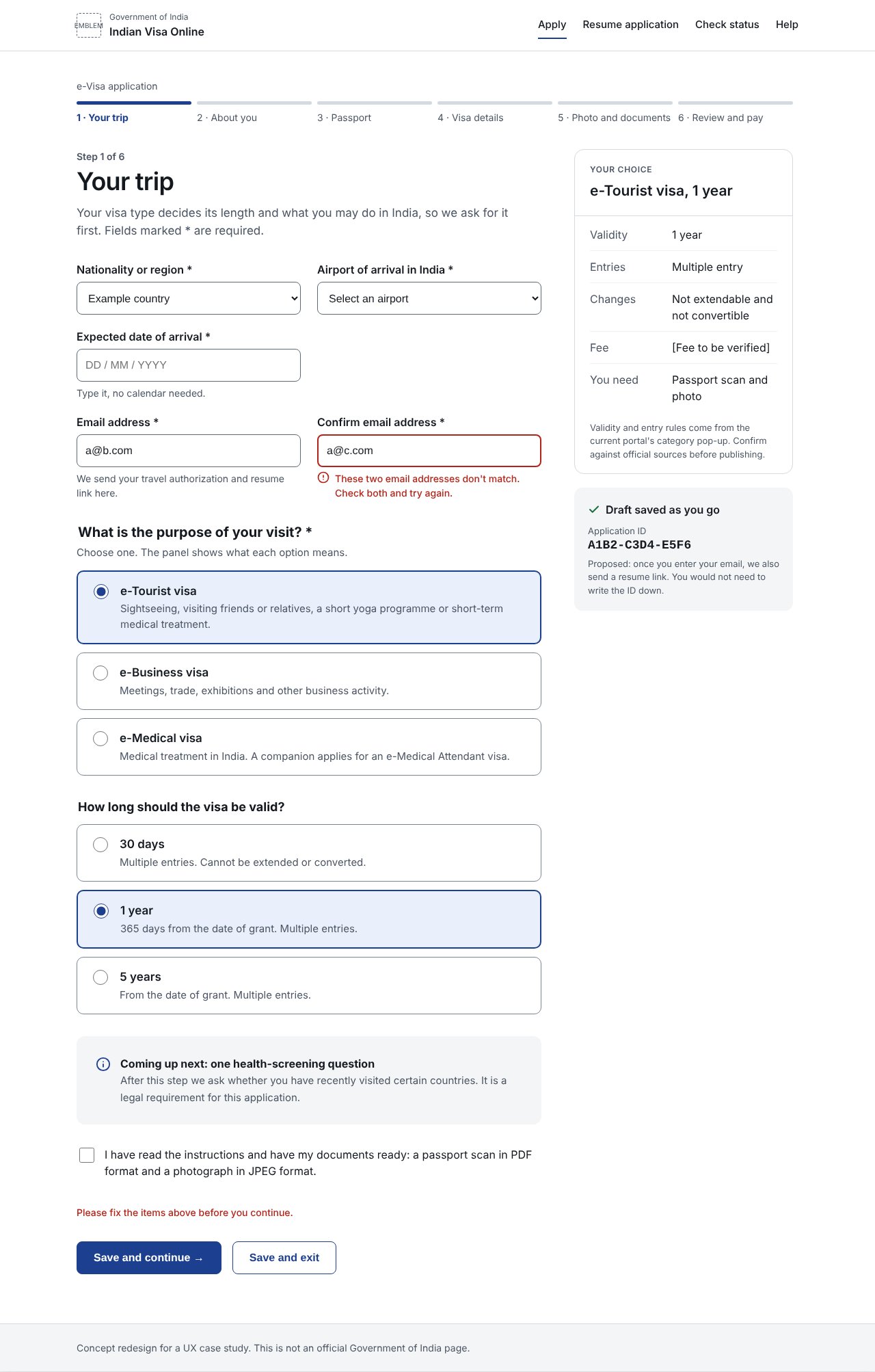 Your trip form step with consequences panel and inline error